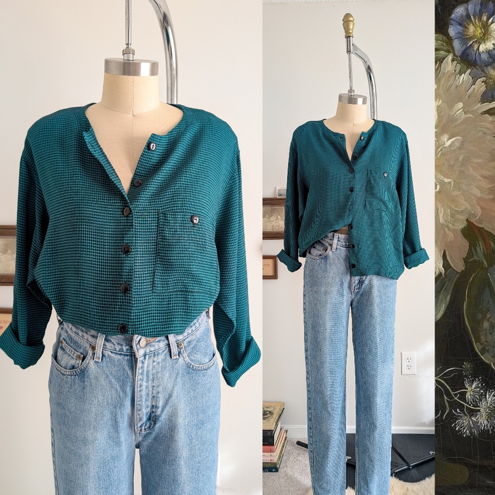 80s Micro Gingham Button Down Vintage Long Sleeve Blouse